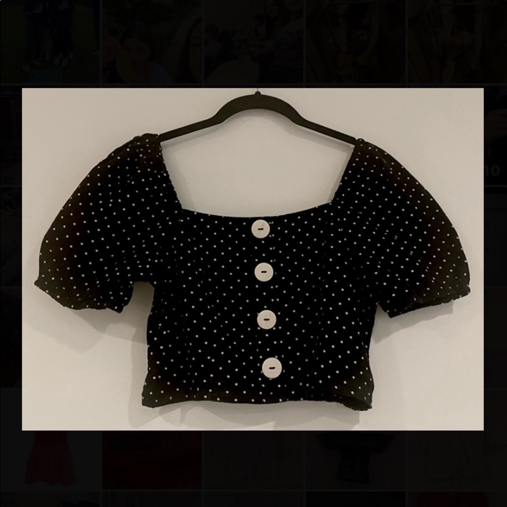 Cropped Black and White Polk-A-Dot Button Top with Puff Sleeves and Ruched back
